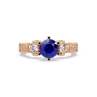 1.4 CTW Round Three-Stone Pavé Colorstone Ring with Sapphire Blue center in 14K Rose Gold – Lunéa Paris