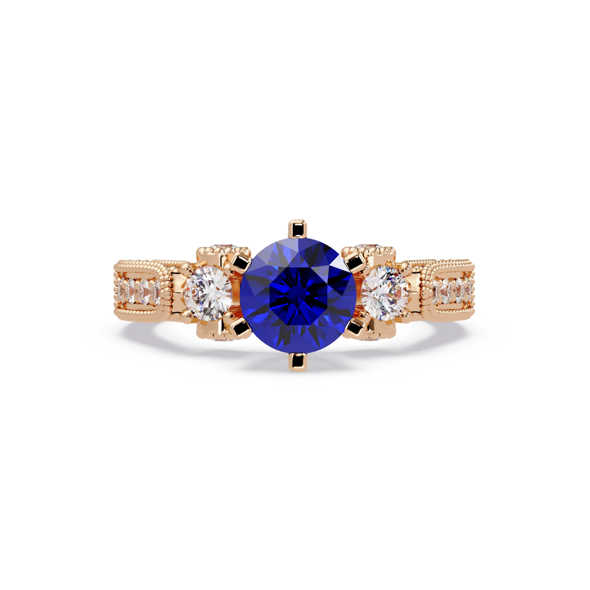1.4 CTW Round Three-Stone Pavé Colorstone Ring with Sapphire Blue center in 14K Rose Gold – Lunéa Paris