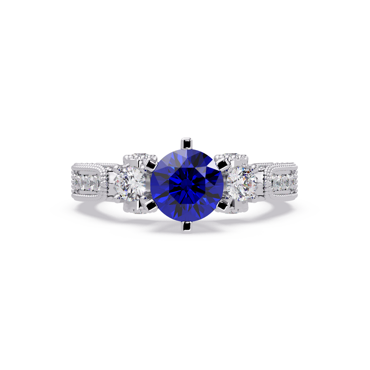 1.4 CTW Round Three-Stone Pavé Colorstone Ring with Sapphire Blue center in 14K White Gold – Lunéa Paris