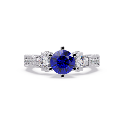1.4 CTW Round Three-Stone Pavé Colorstone Ring with Sapphire Blue center in 14K White Gold – Lunéa Paris