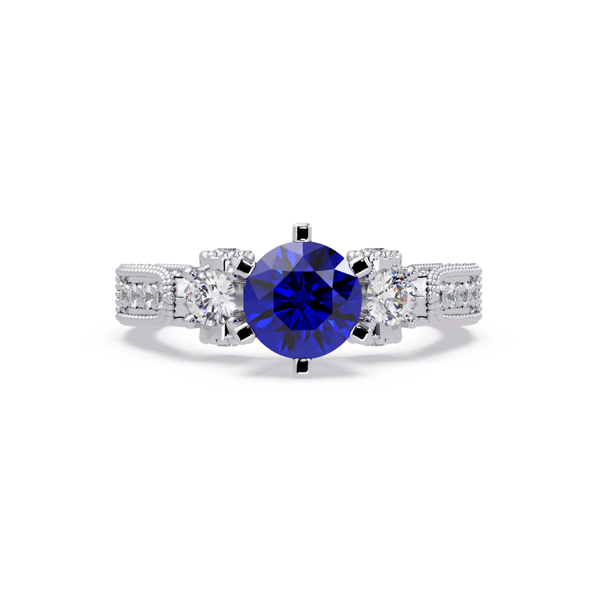 1.4 CTW Round Three-Stone Pavé Colorstone Ring with Sapphire Blue center in 14K White Gold – Lunéa Paris