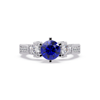 1.4 CTW Round Three-Stone Pavé Colorstone Ring with Sapphire Blue center in 14K White Gold – Lunéa Paris