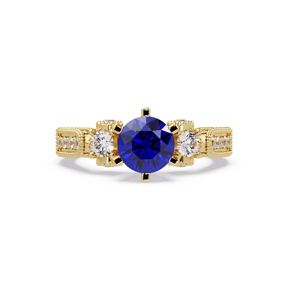 1.4 CTW Round Three-Stone Pavé Colorstone Ring with Sapphire Blue center in 14K Yellow Gold – Lunéa Paris
