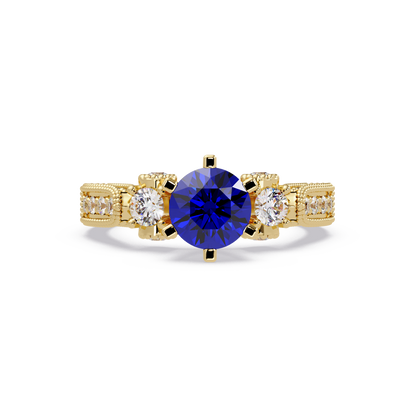 1.4 CTW Round Three-Stone Pavé Colorstone Ring with Sapphire Blue center in 14K Yellow Gold – Lunéa Paris