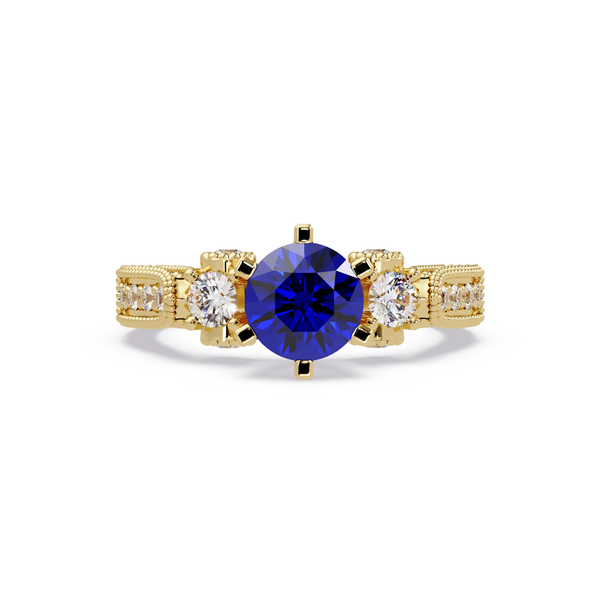 1.4 CTW Round Three-Stone Pavé Colorstone Ring with Sapphire Blue center in 14K Yellow Gold – Lunéa Paris