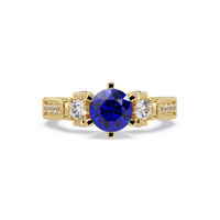1.4 CTW Round Three-Stone Pavé Colorstone Ring with Sapphire Blue center in 14K Yellow Gold – Lunéa Paris