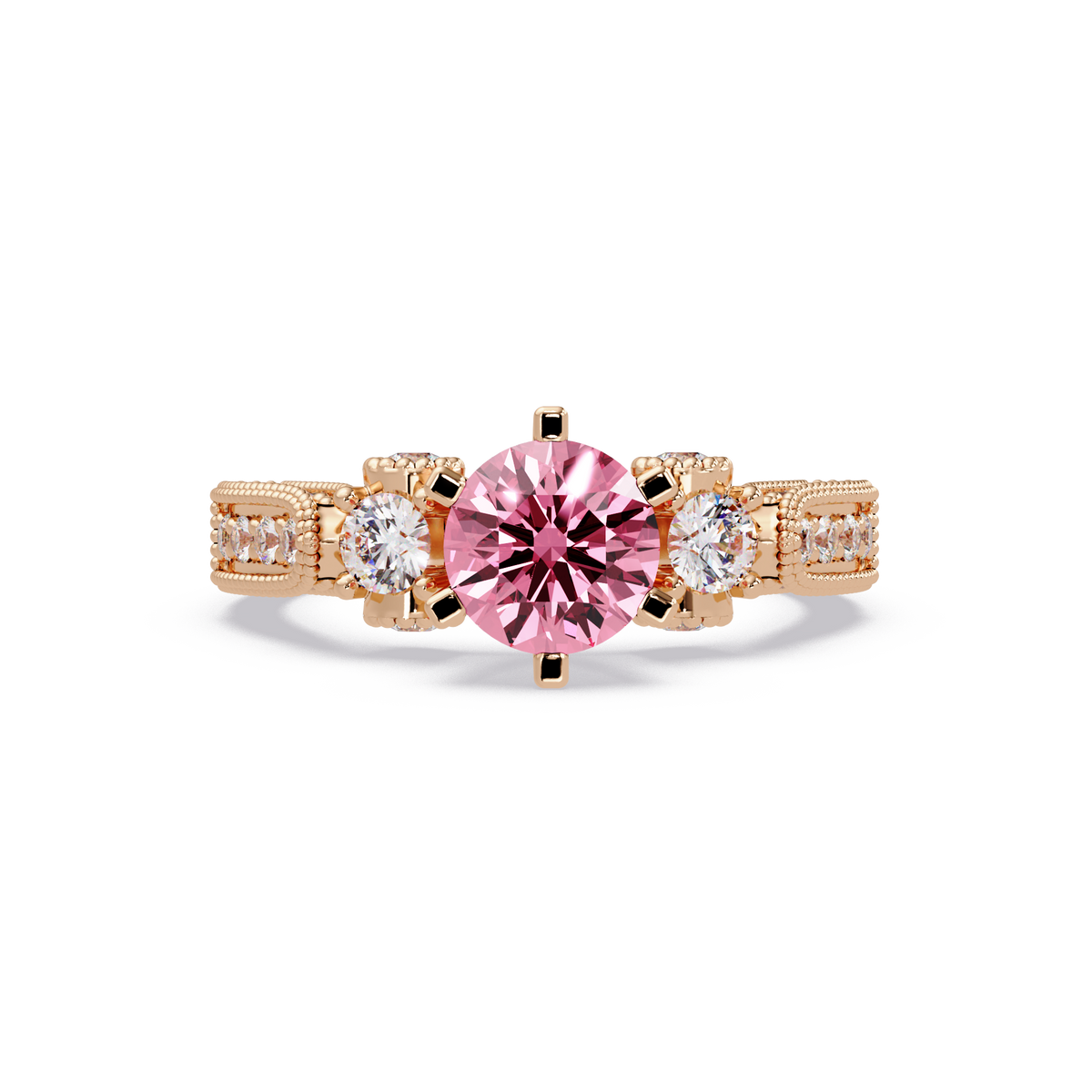 1.4 CTW Round Three-Stone Pavé Colorstone Ring with Tourmaline Pink center in 14K Rose Gold – Lunéa Paris