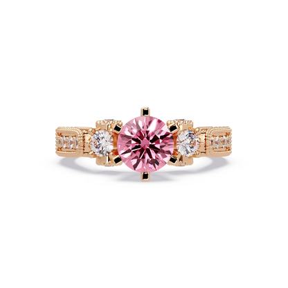 1.4 CTW Round Three-Stone Pavé Colorstone Ring with Tourmaline Pink center in 14K Rose Gold – Lunéa Paris