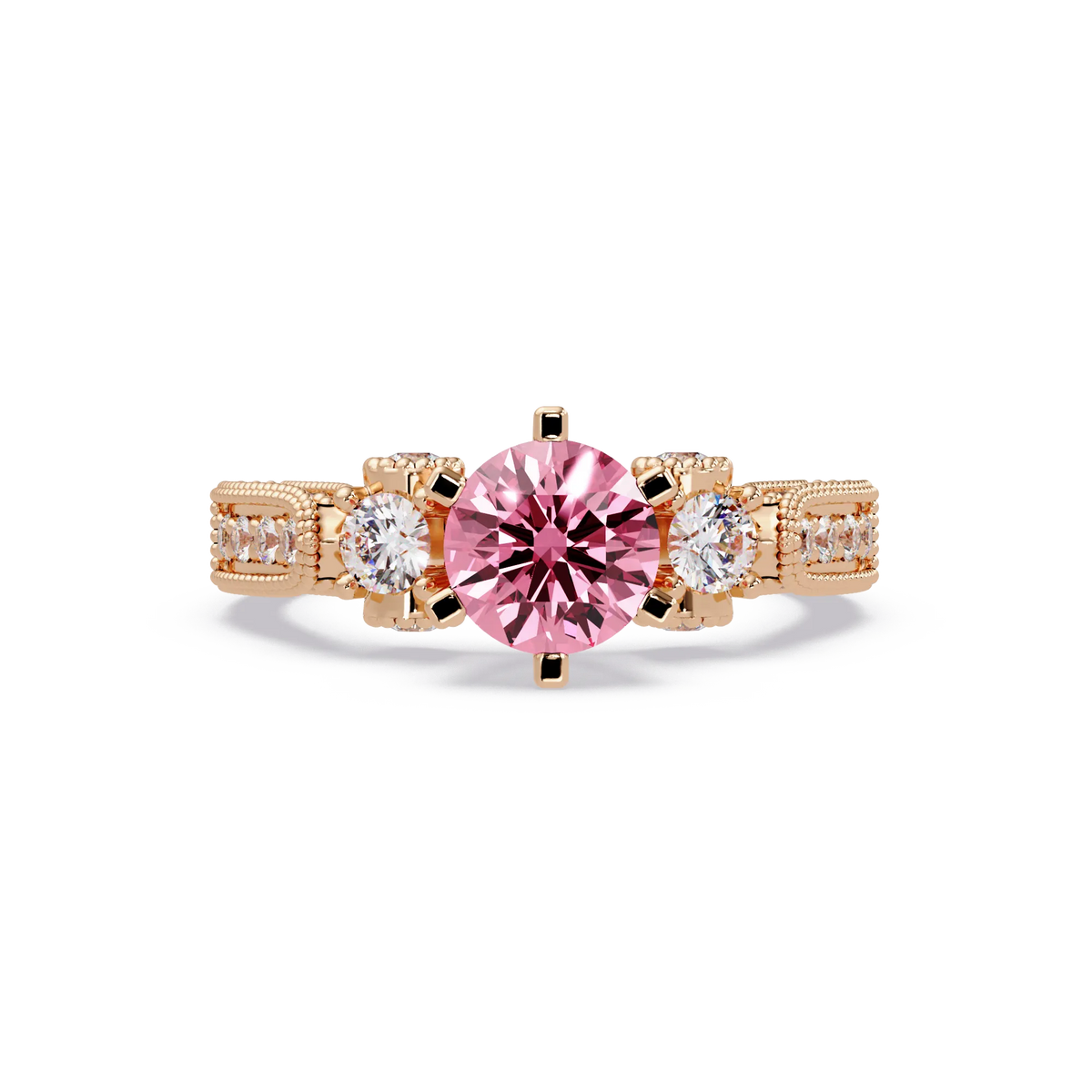 1.4 CTW Round Three-Stone Pavé Colorstone Ring with Tourmaline Pink center in 14K Rose Gold – Lunéa Paris