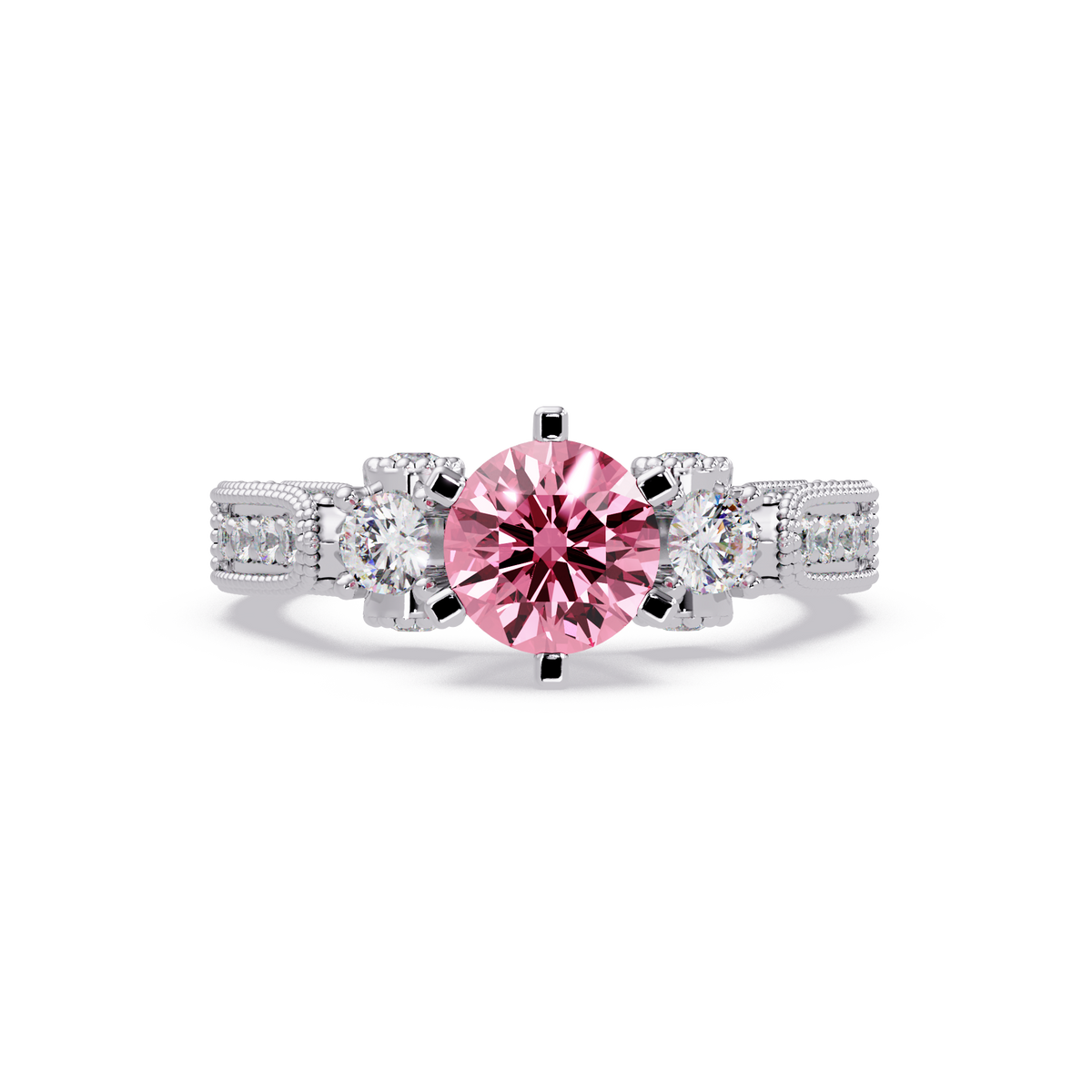 1.4 CTW Round Three-Stone Pavé Colorstone Ring with Tourmaline Pink center in 14K White Gold – Lunéa Paris