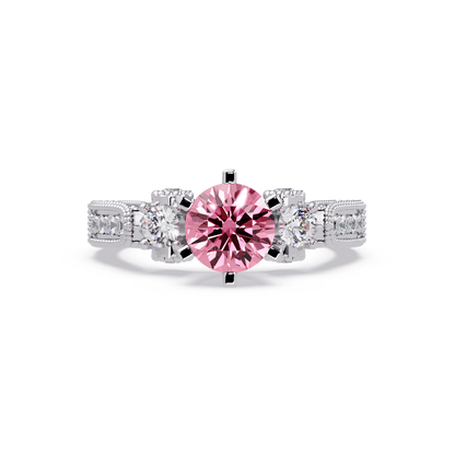 1.4 CTW Round Three-Stone Pavé Colorstone Ring with Tourmaline Pink center in 14K White Gold – Lunéa Paris