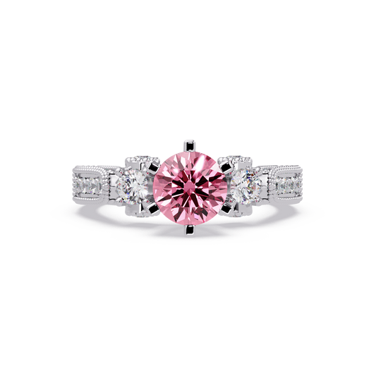 1.4 CTW Round Three-Stone Pavé Colorstone Ring with Tourmaline Pink center in 14K White Gold – Lunéa Paris