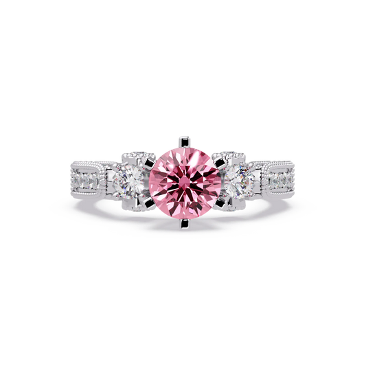 1.4 CTW Round Three-Stone Pavé Colorstone Ring with Tourmaline Pink center in 14K White Gold – Lunéa Paris