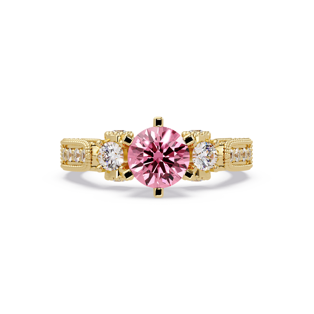 1.4 CTW Round Three-Stone Pavé Colorstone Ring with Tourmaline Pink center in 14K Yellow Gold – Lunéa Paris