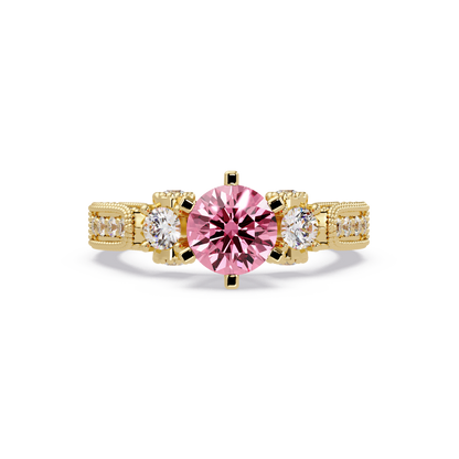 1.4 CTW Round Three-Stone Pavé Colorstone Ring with Tourmaline Pink center in 14K Yellow Gold – Lunéa Paris