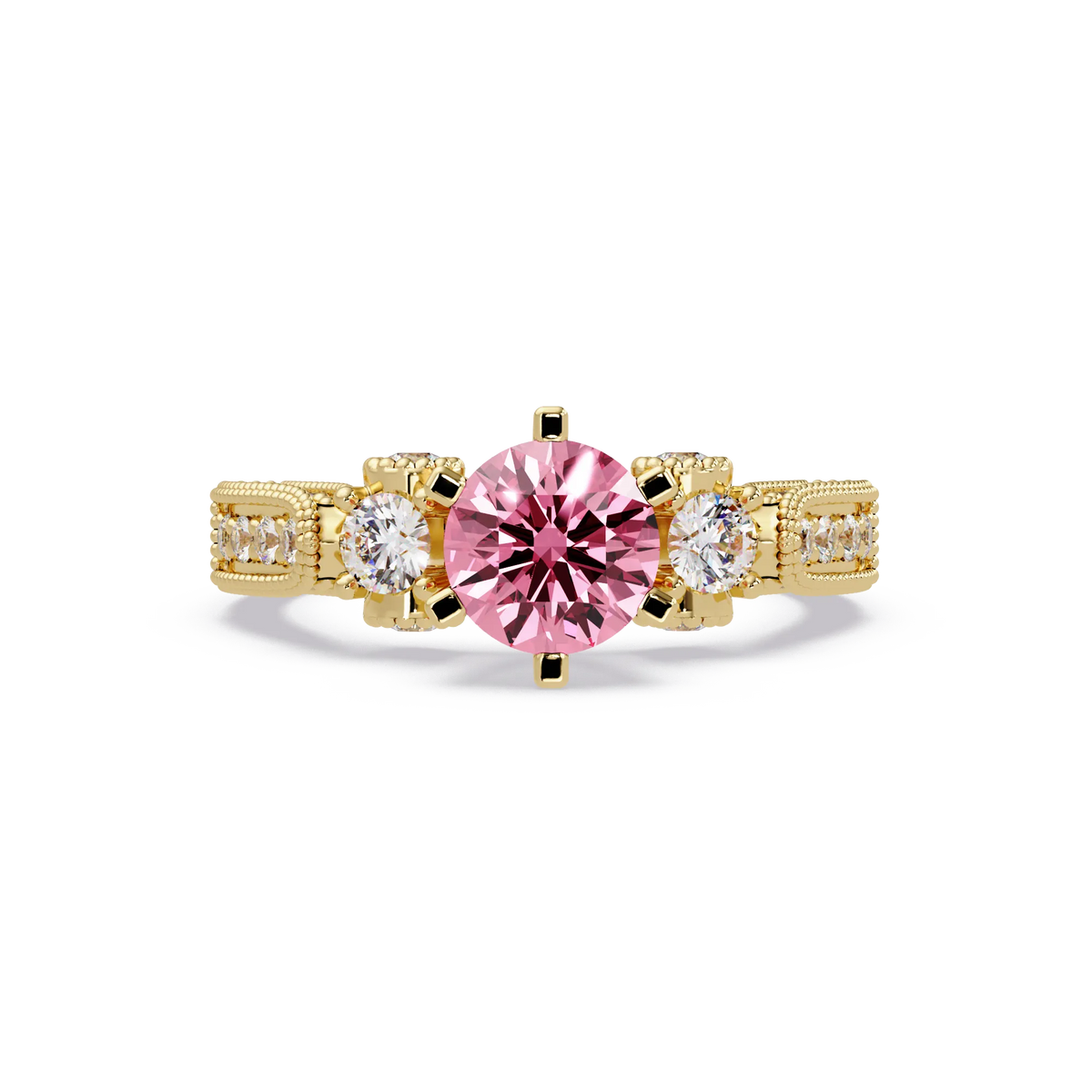 1.4 CTW Round Three-Stone Pavé Colorstone Ring with Tourmaline Pink center in 14K Yellow Gold – Lunéa Paris