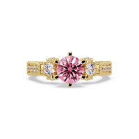 1.4 CTW Round Three-Stone Pavé Colorstone Ring with Tourmaline Pink center in 14K Yellow Gold – Lunéa Paris