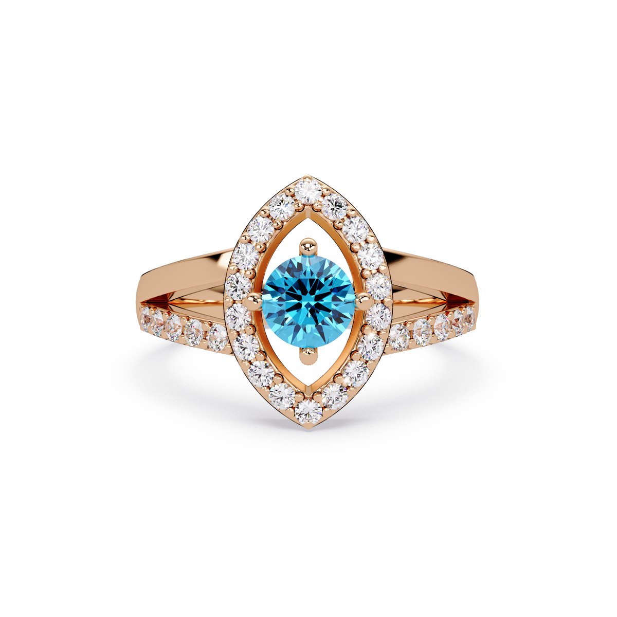 0.8 CTW Round Marquise Halo Pavé Colorstone Ring with Aquamarine Blue center in 14K Rose Gold – Lunéa Paris