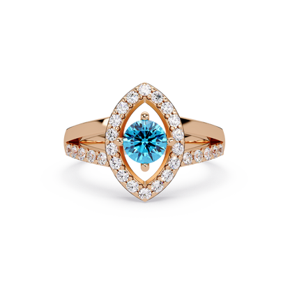 0.8 CTW Round Marquise Halo Pavé Colorstone Ring with Aquamarine Blue center in 14K Rose Gold – Lunéa Paris