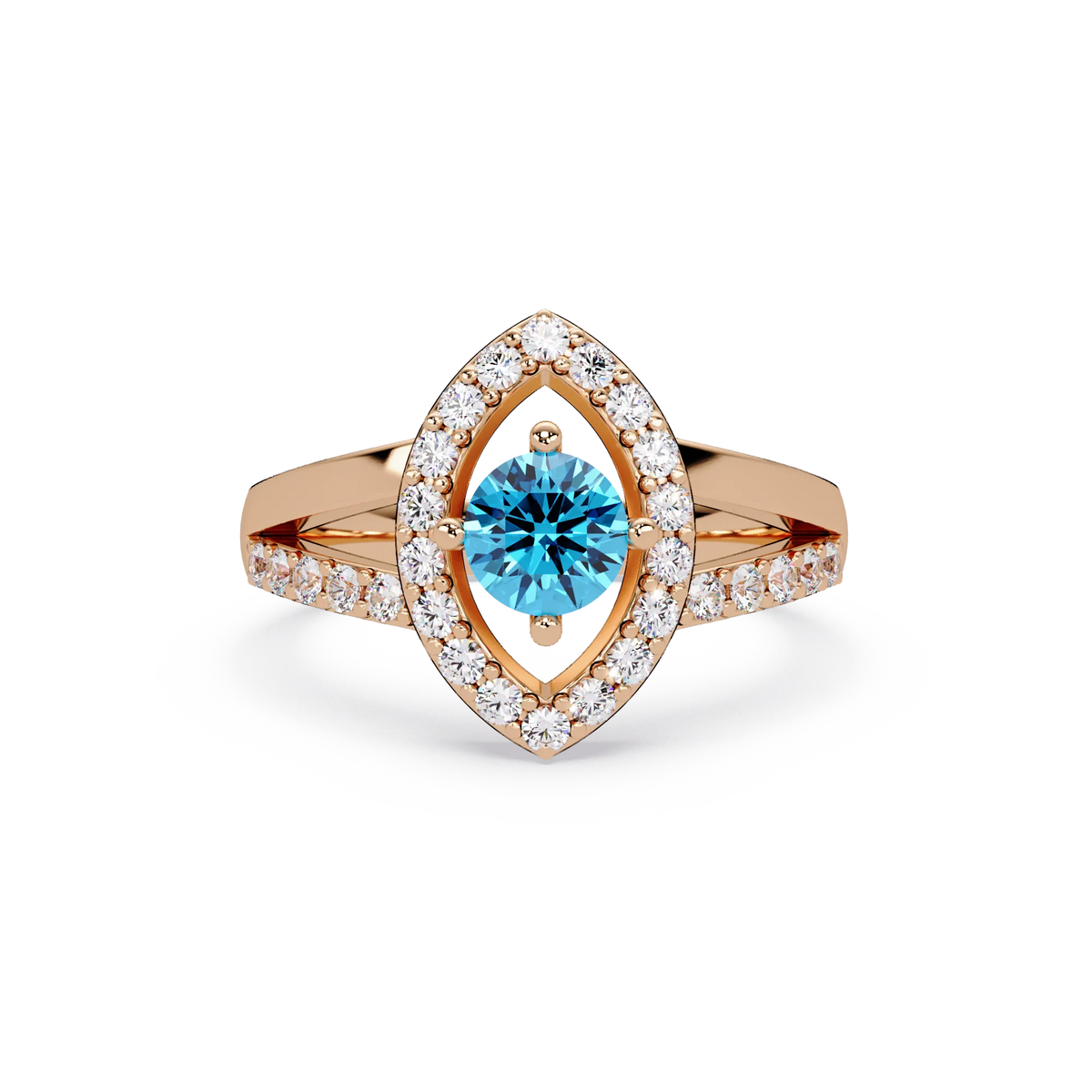 0.8 CTW Round Marquise Halo Pavé Colorstone Ring with Aquamarine Blue center in 14K Rose Gold – Lunéa Paris