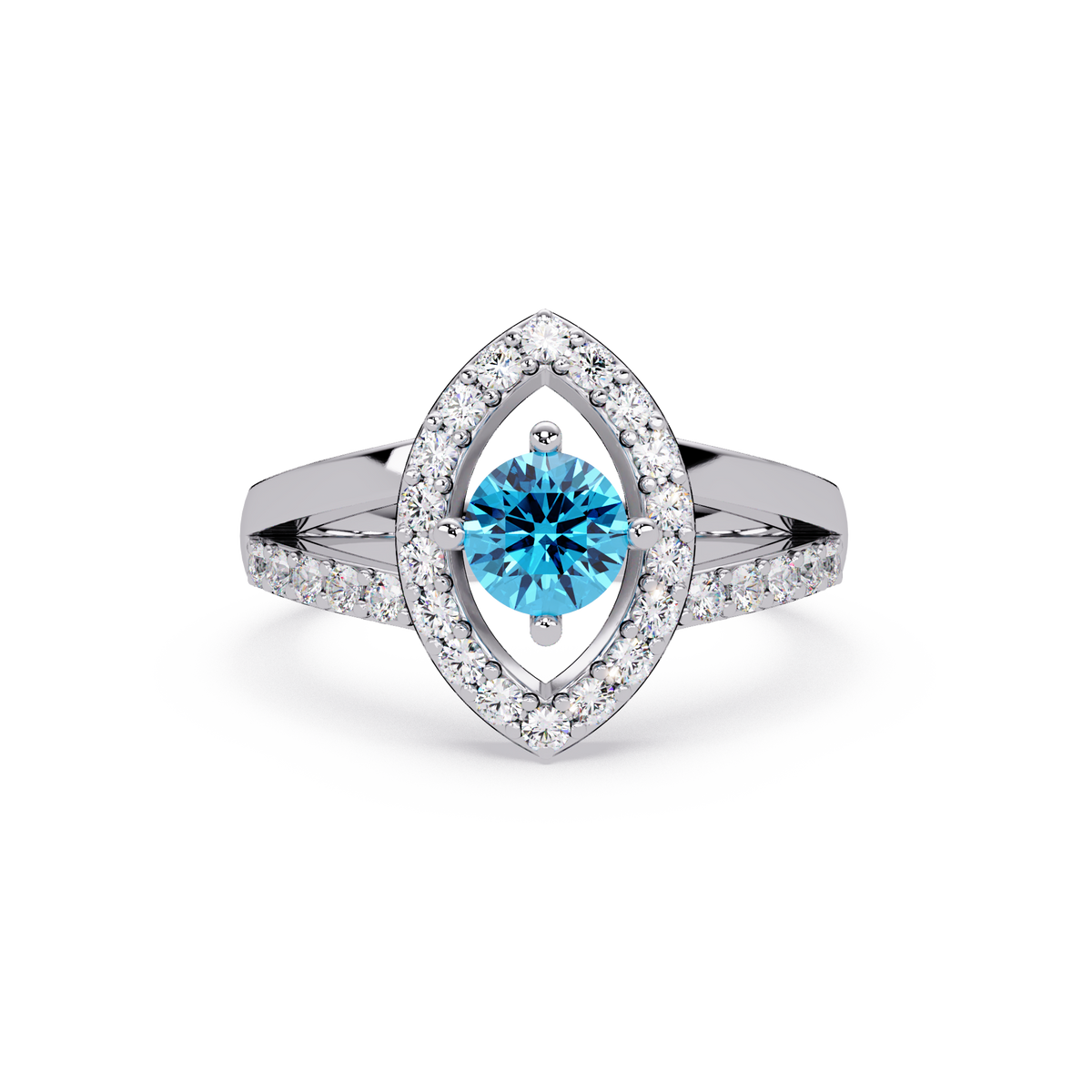0.8 CTW Round Marquise Halo Pavé Colorstone Ring with Aquamarine Blue center in 14K White Gold – Lunéa Paris