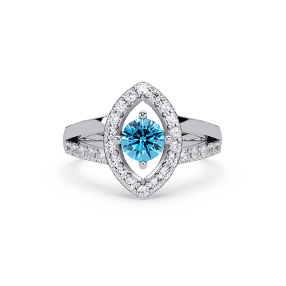 0.8 CTW Round Marquise Halo Pavé Colorstone Ring with Aquamarine Blue center in 14K White Gold – Lunéa Paris