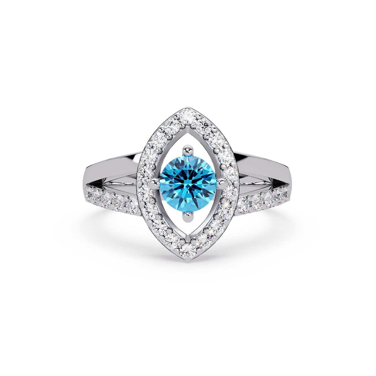0.8 CTW Round Marquise Halo Pavé Colorstone Ring with Aquamarine Blue center in 14K White Gold – Lunéa Paris