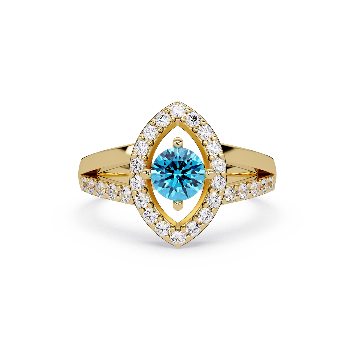 0.8 CTW Round Marquise Halo Pavé Colorstone Ring with Aquamarine Blue center in 14K Yellow Gold – Lunéa Paris