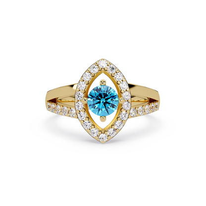 0.8 CTW Round Marquise Halo Pavé Colorstone Ring with Aquamarine Blue center in 14K Yellow Gold – Lunéa Paris
