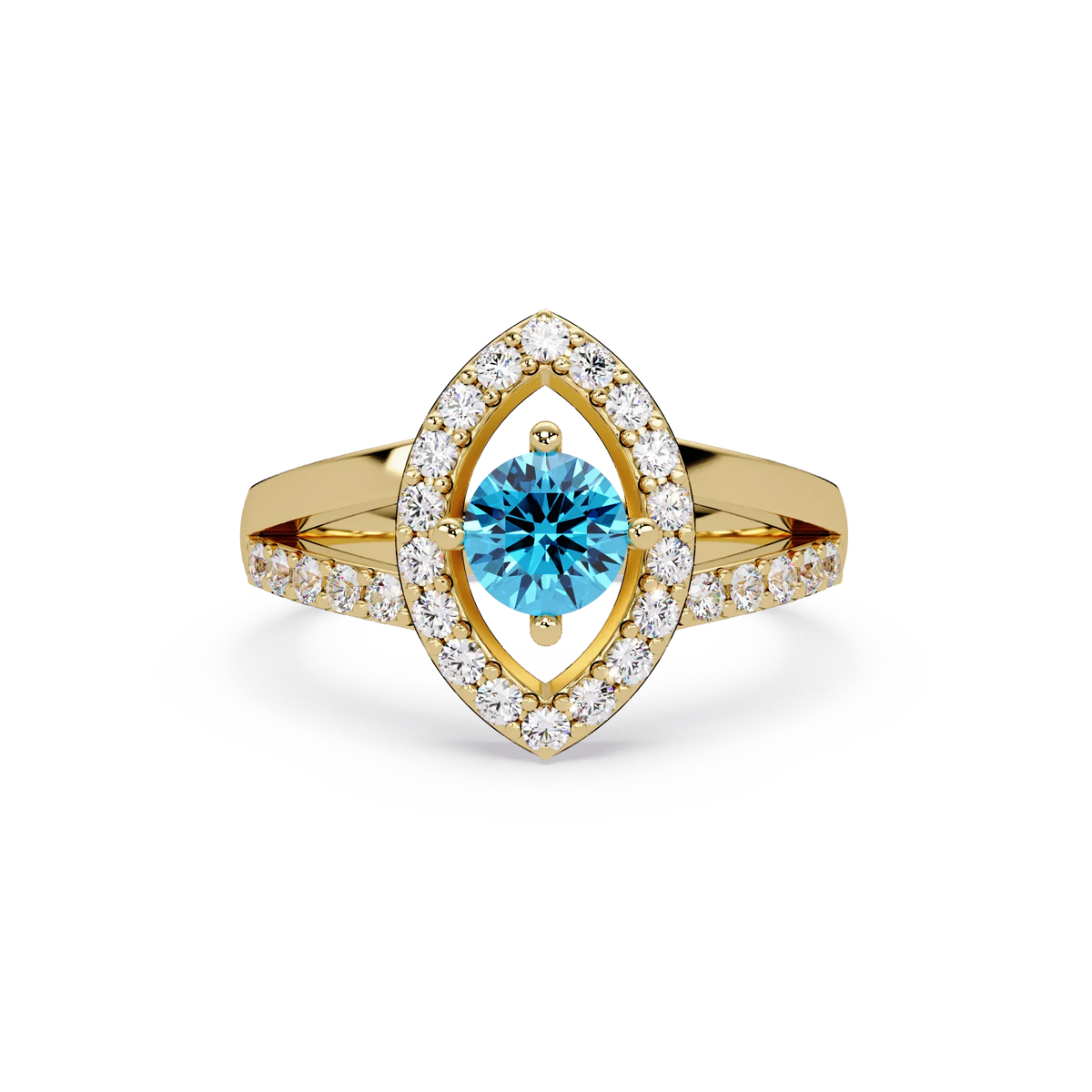 0.8 CTW Round Marquise Halo Pavé Colorstone Ring with Aquamarine Blue center in 14K Yellow Gold – Lunéa Paris