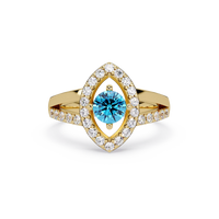 0.8 CTW Round Marquise Halo Pavé Colorstone Ring with Aquamarine Blue center in 14K Yellow Gold – Lunéa Paris