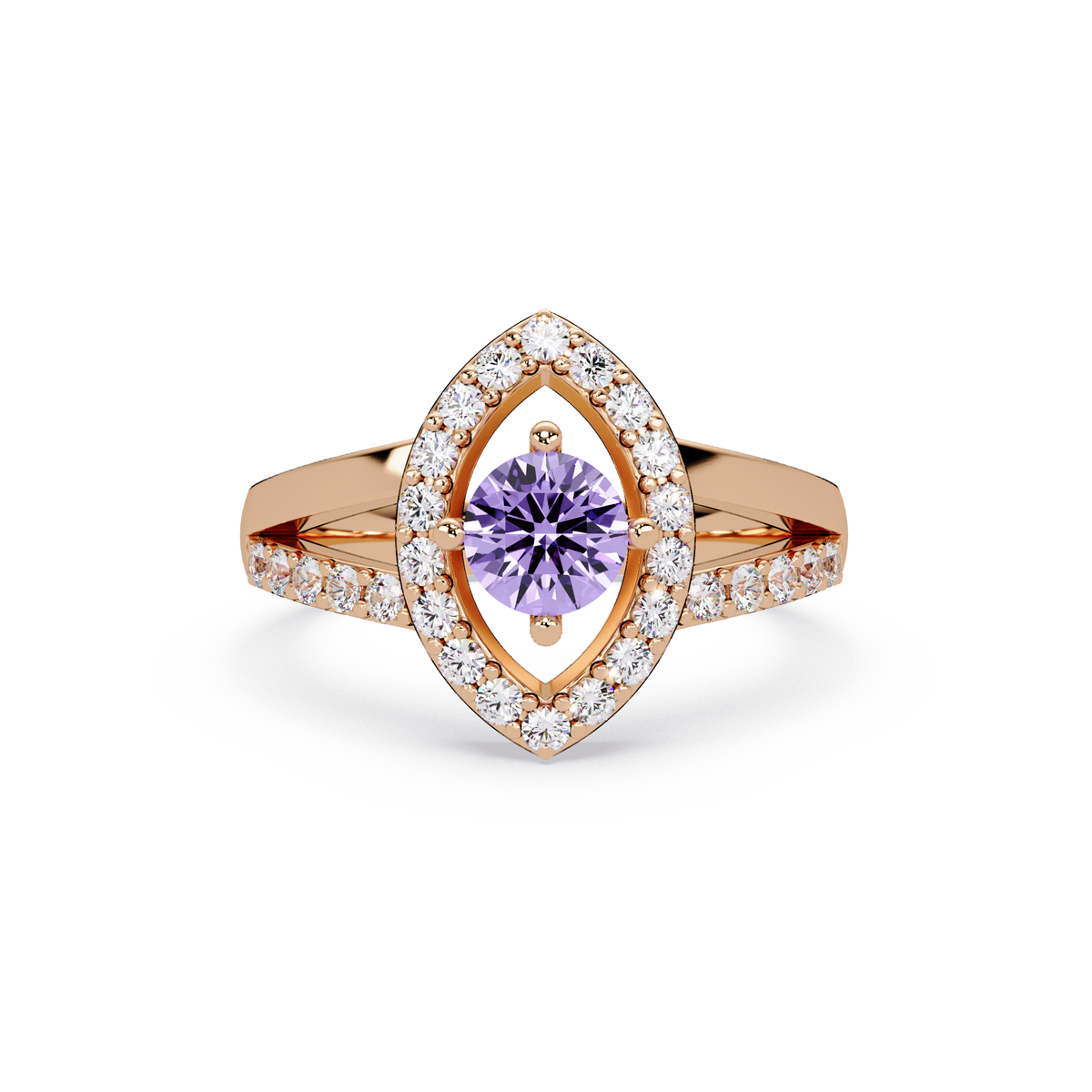0.8 CTW Round Marquise Halo Pavé Colorstone Ring with Amethyst Purple center in 14K Rose Gold – Lunéa Paris