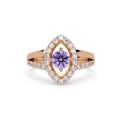 0.8 CTW Round Marquise Halo Pavé Colorstone Ring with Amethyst Purple center in 14K Rose Gold – Lunéa Paris