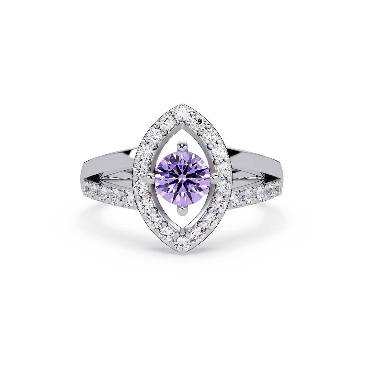 0.8 CTW Round Marquise Halo Pavé Colorstone Ring with Amethyst Purple center in 14K White Gold – Lunéa Paris