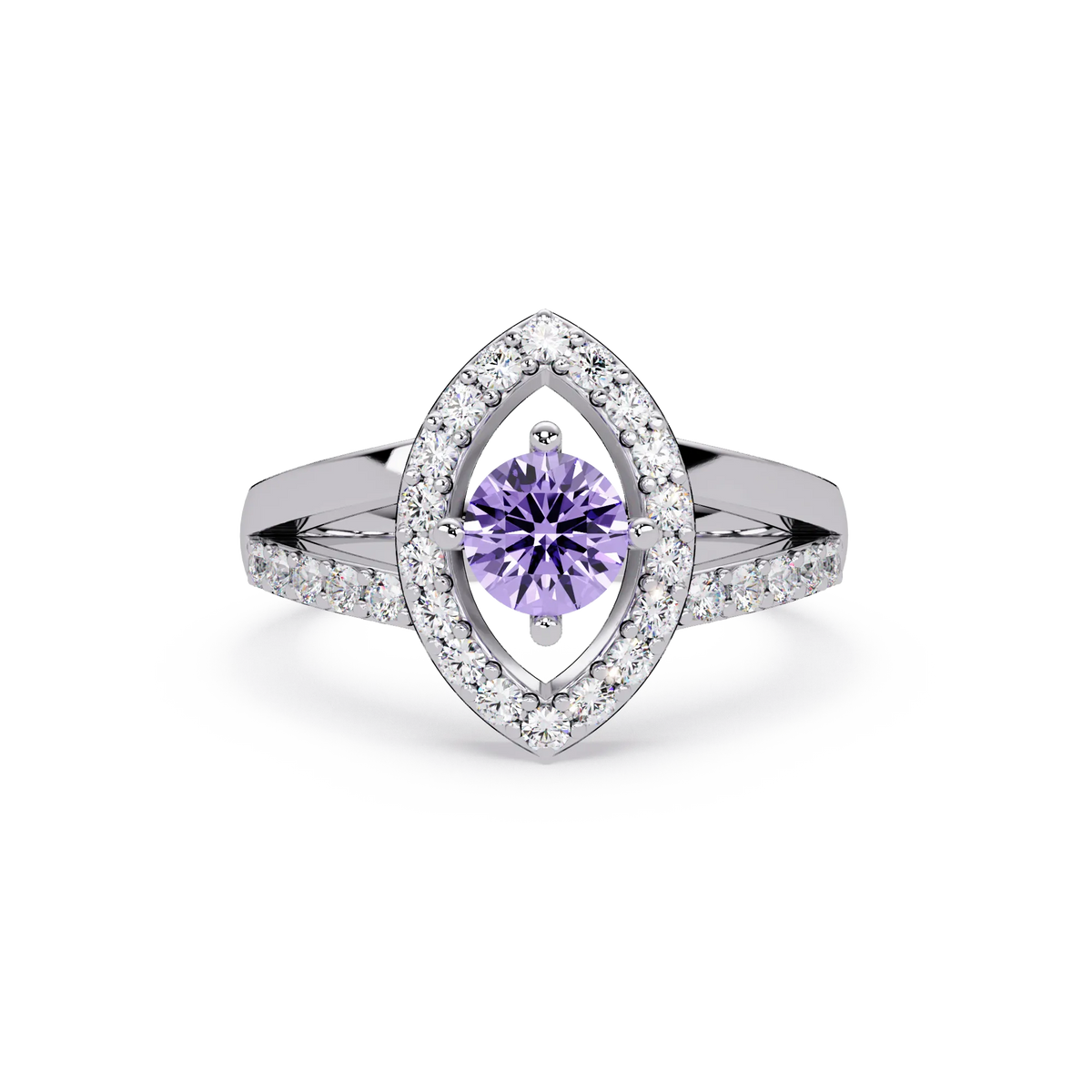 0.8 CTW Round Marquise Halo Pavé Colorstone Ring with Amethyst Purple center in 14K White Gold – Lunéa Paris