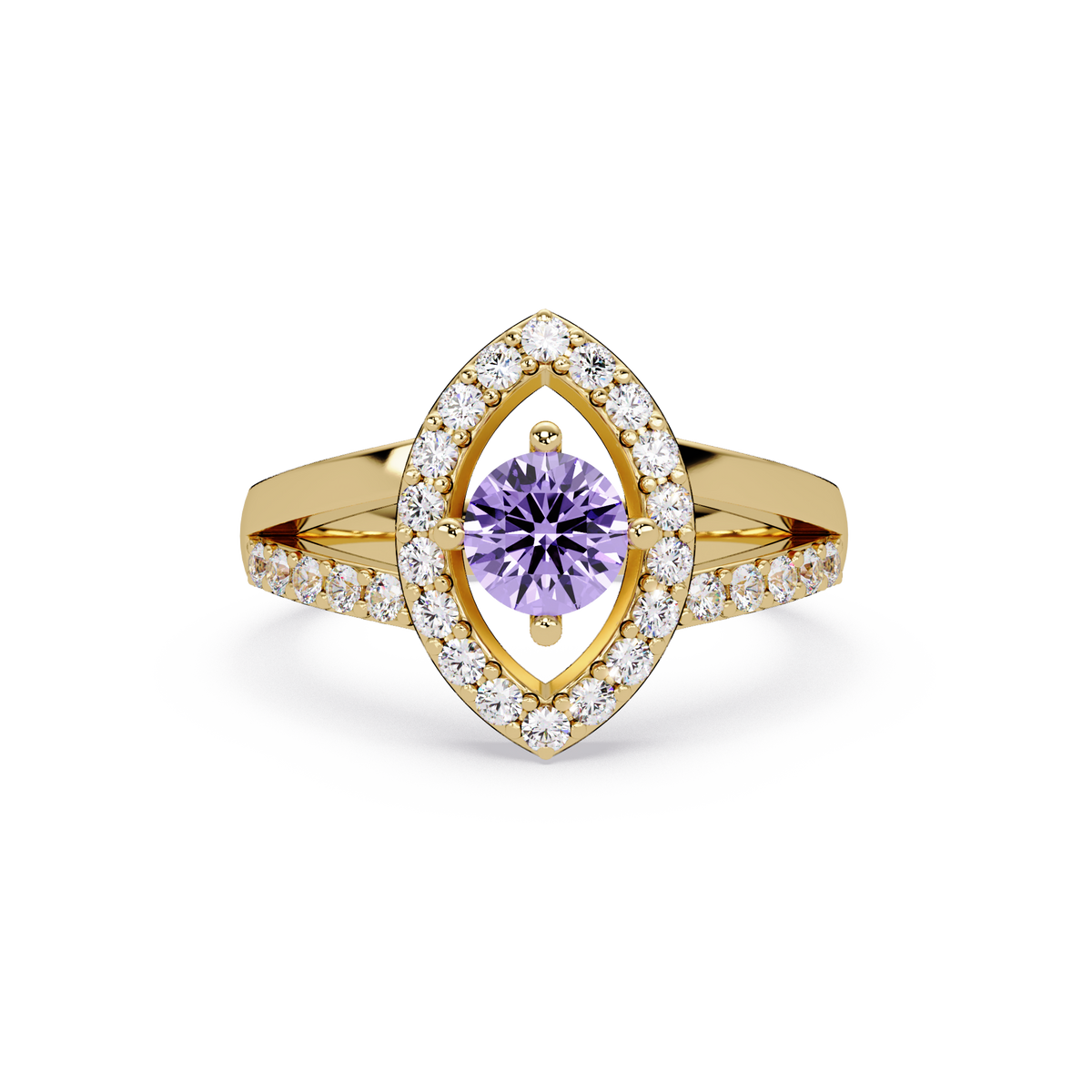0.8 CTW Round Marquise Halo Pavé Colorstone Ring with Amethyst Purple center in 14K Yellow Gold – Lunéa Paris