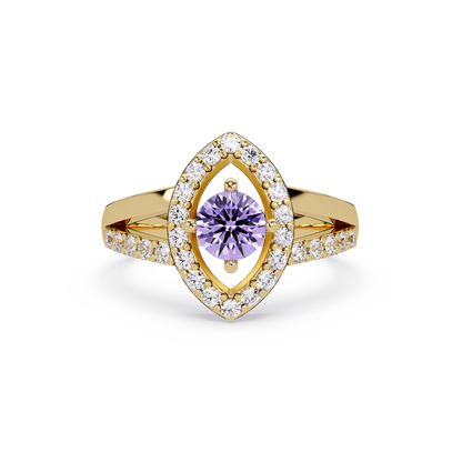 0.8 CTW Round Marquise Halo Pavé Colorstone Ring with Amethyst Purple center in 14K Yellow Gold – Lunéa Paris