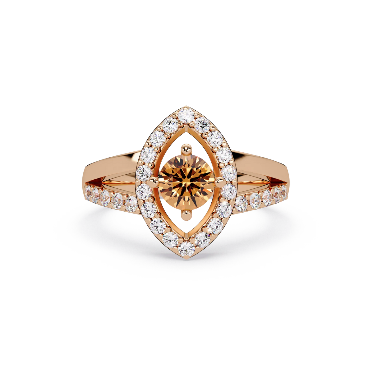 0.8 CTW Round Marquise Halo Pavé Colorstone Ring with Champagne Topaz center in 14K Rose Gold – Lunéa Paris