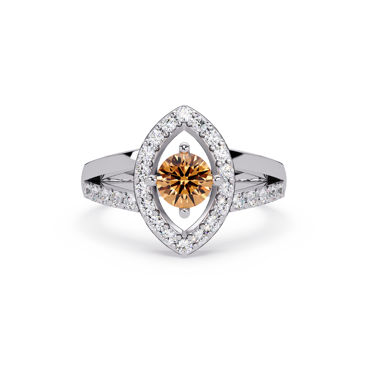 0.8 CTW Round Marquise Halo Pavé Colorstone Ring with Champagne Topaz center in 14K White Gold – Lunéa Paris
