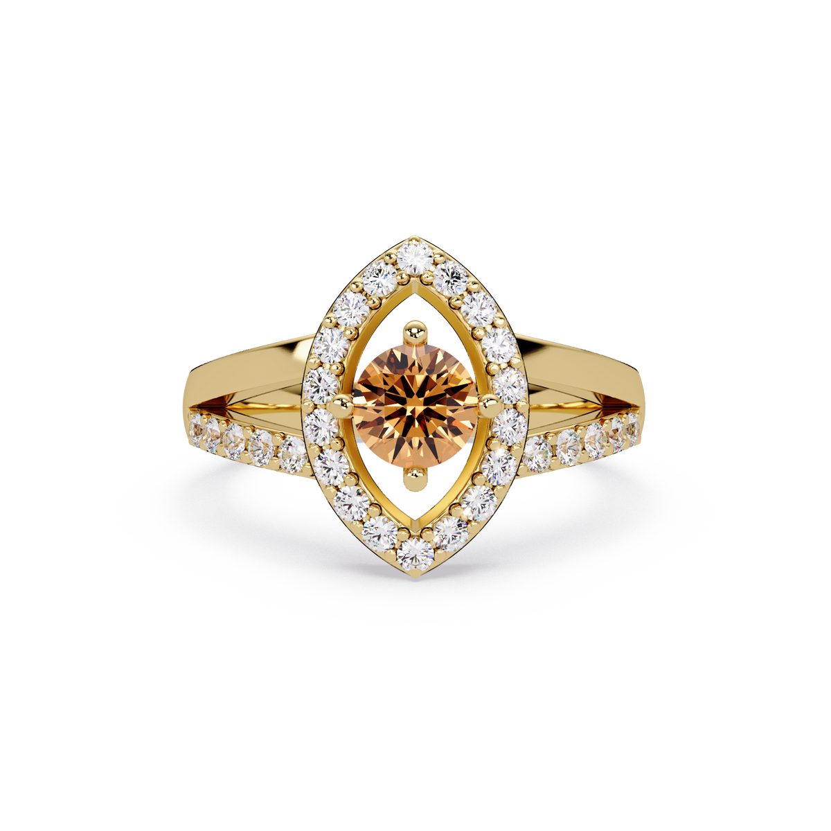0.8 CTW Round Marquise Halo Pavé Colorstone Ring with Champagne Topaz center in 14K Yellow Gold – Lunéa Paris