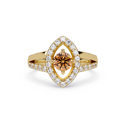 0.8 CTW Round Marquise Halo Pavé Colorstone Ring with Champagne Topaz center in 14K Yellow Gold – Lunéa Paris