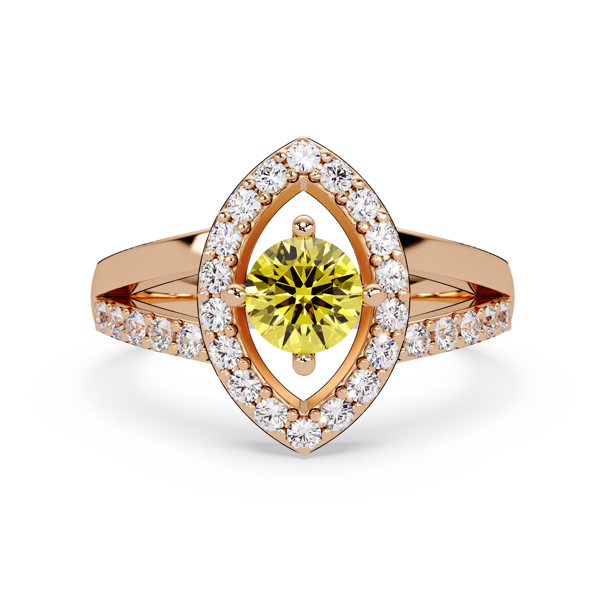 0.8 CTW Round Marquise Halo Pavé Colorstone Ring with Citrine Yellow center in 14K Rose Gold – Lunéa Paris