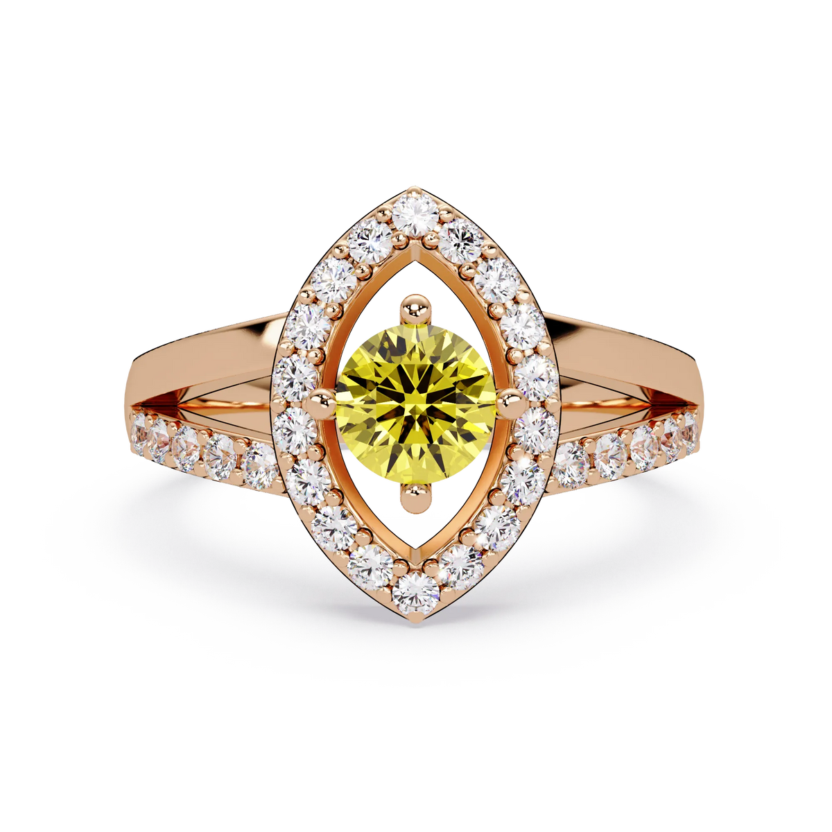 0.8 CTW Round Marquise Halo Pavé Colorstone Ring with Citrine Yellow center in 14K Rose Gold – Lunéa Paris