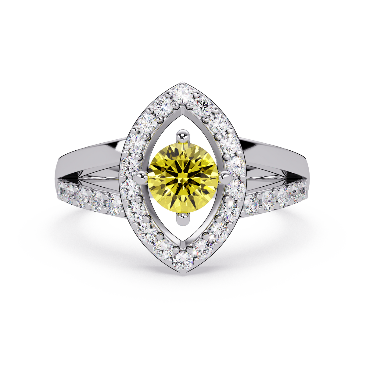 0.8 CTW Round Marquise Halo Pavé Colorstone Ring with Citrine Yellow center in 14K White Gold – Lunéa Paris