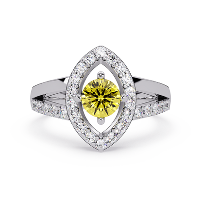 0.8 CTW Round Marquise Halo Pavé Colorstone Ring with Citrine Yellow center in 14K White Gold – Lunéa Paris