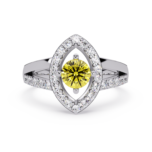 0.8 CTW Round Marquise Halo Pavé Colorstone Ring with Citrine Yellow center in 14K White Gold – Lunéa Paris