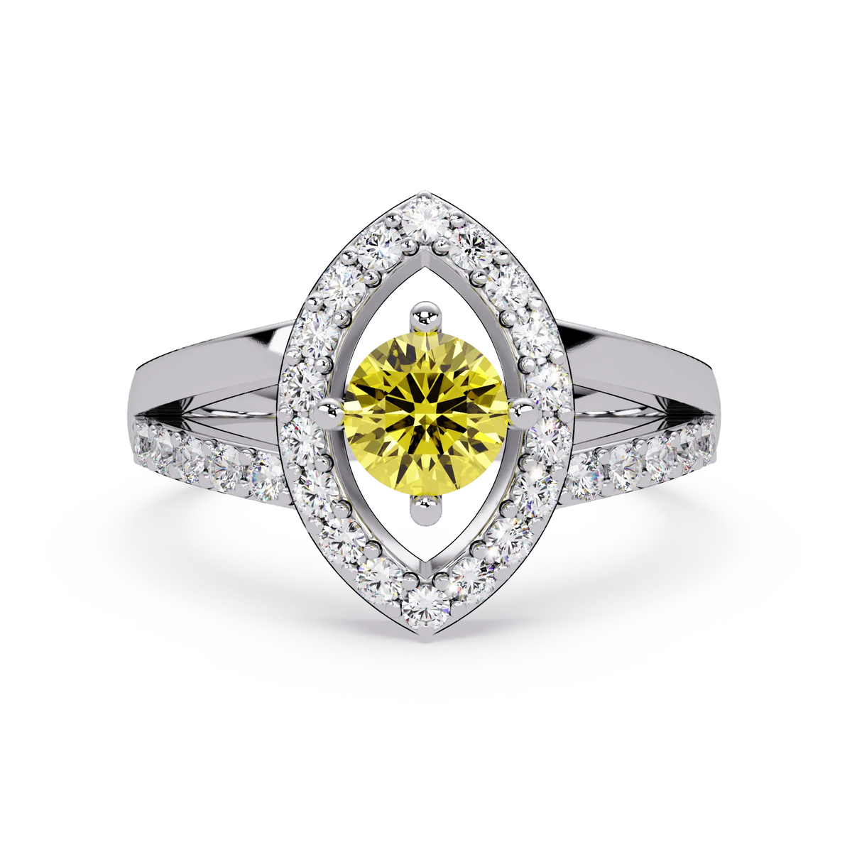 0.8 CTW Round Marquise Halo Pavé Colorstone Ring with Citrine Yellow center in 14K White Gold – Lunéa Paris