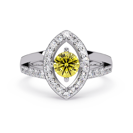 0.8 CTW Round Marquise Halo Pavé Colorstone Ring with Citrine Yellow center in 14K White Gold – Lunéa Paris