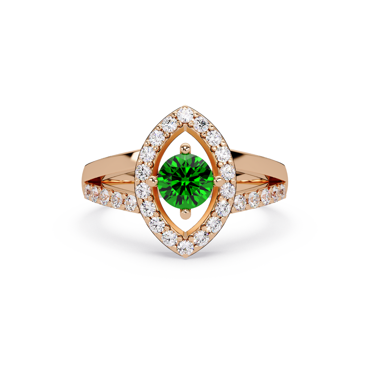 0.8 CTW Round Marquise Halo Pavé Colorstone Ring with Emerald Green center in 14K Rose Gold – Lunéa Paris