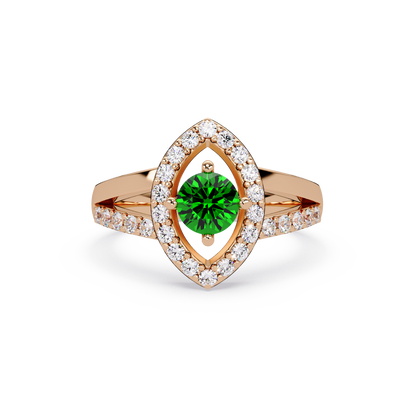 0.8 CTW Round Marquise Halo Pavé Colorstone Ring with Emerald Green center in 14K Rose Gold – Lunéa Paris